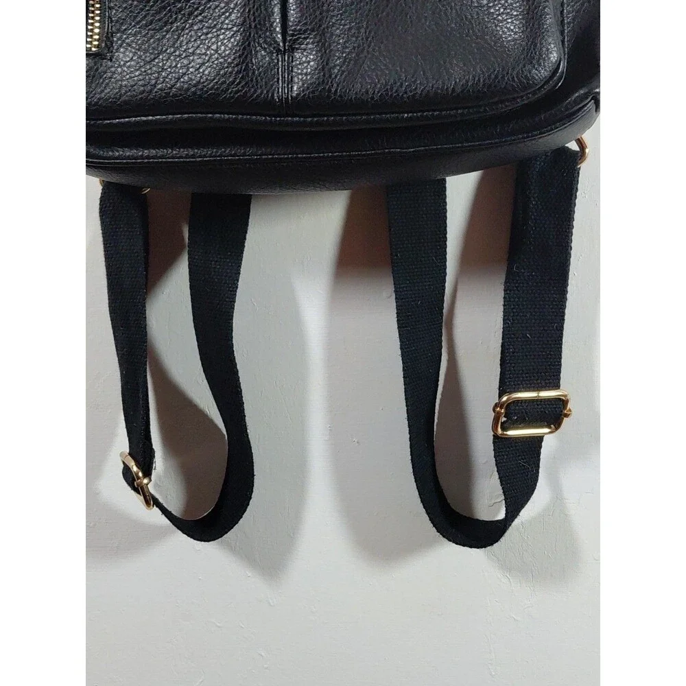 Woman's Black Faux Leather Gold Zippers Double Strap Bookbag Small 11.5